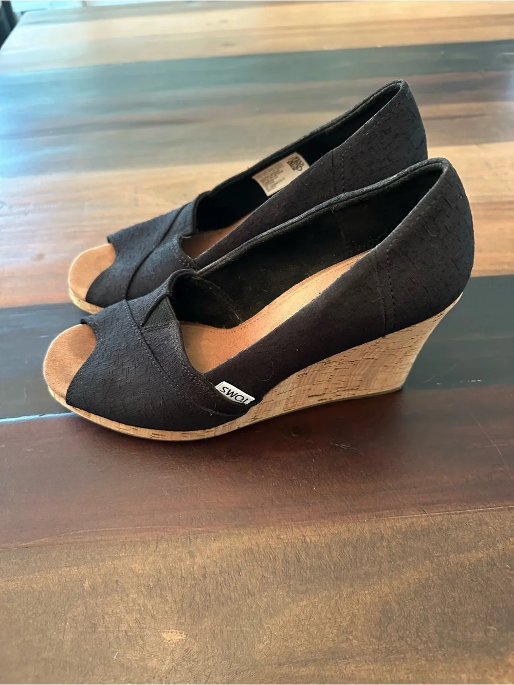 Toms Black Canvas Cork Wedge Peep-Toe Heels